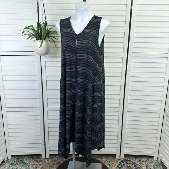Comfy USA L Black Gray Striped Sleeveless Tank Dress Long Knit Tunic Asymmetric - Picture 1 of 8